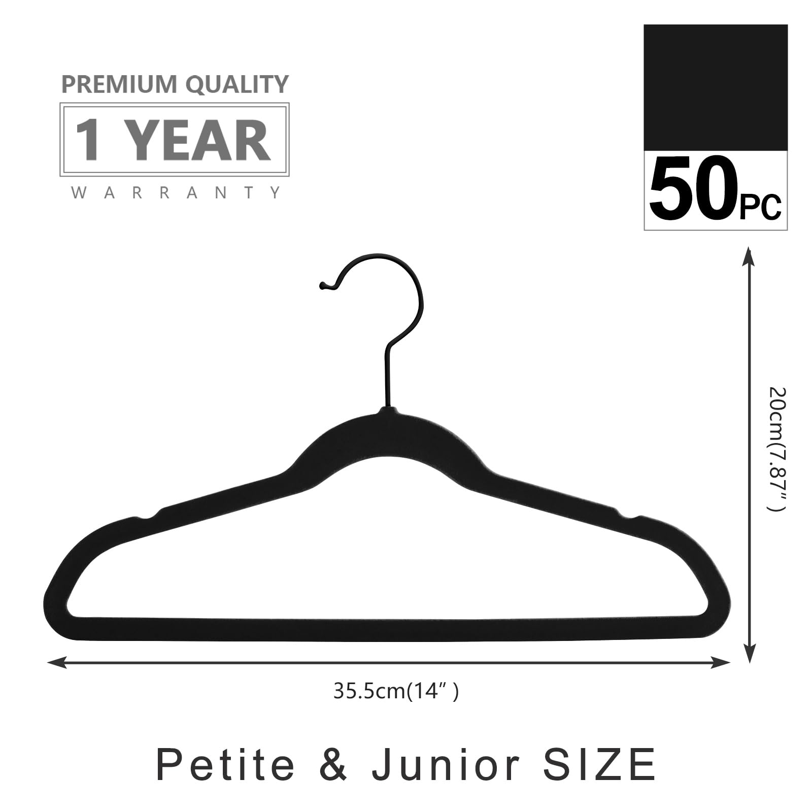 Mizgi Premium All Black Kids Velvet Hangers With Black Hooks 50 Pack 14'' Inch Black Felt Space Saving Hangers,Nonslip Huggable